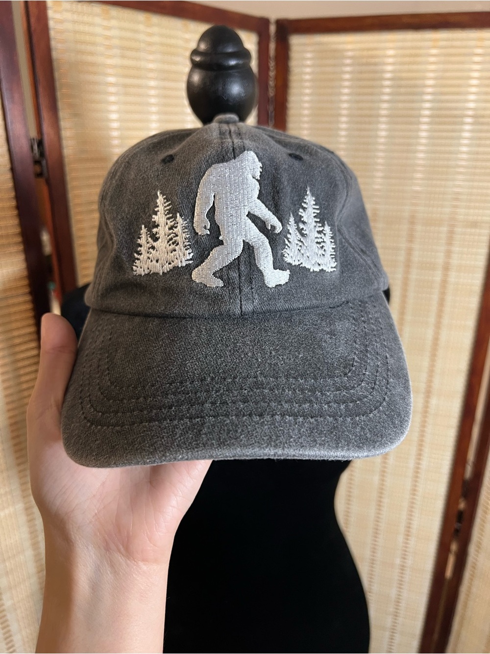 Bigfoot Embroidered Dad Hat Washed Charcoal Grey Sasquatch Pine Trees Cap